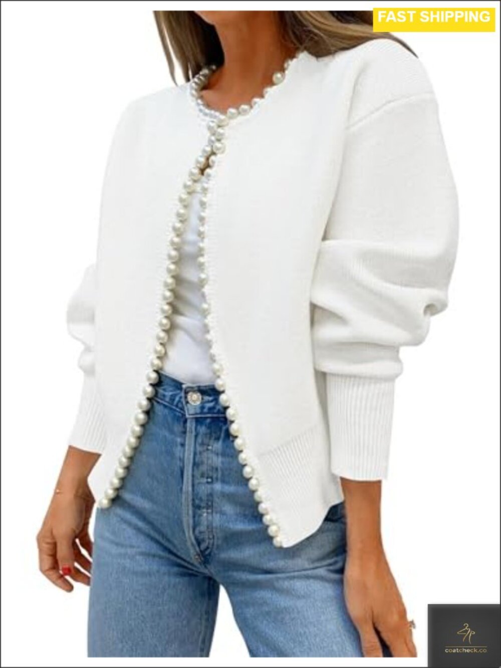 Pearls Trim Open Front Cardigan Sweater Long Sleeve Ribbed Knit